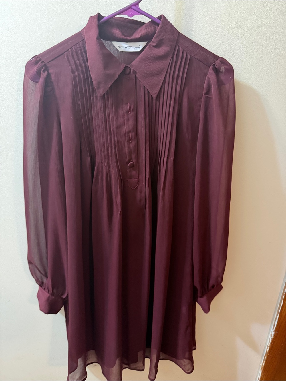 Nine West Burgundy Sheer Pleated Long-Sleeve Dress